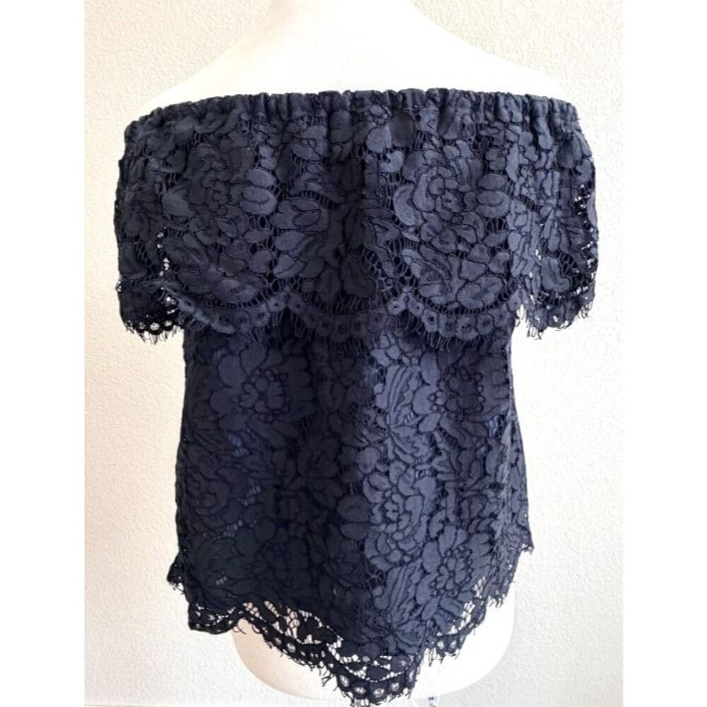 Olivia Grey Navy Floral Lace Off The Shoulder Flounce Ruffle Top S